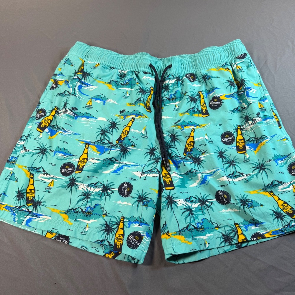 Corona Extra Mens Swim Trunks XL 40-42 Turquoise Tropical Beer Print Shorts